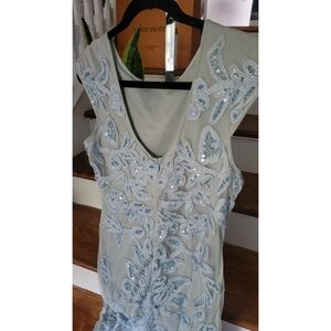 Cap Sleeve Blue Embroidered Sheath Dress
